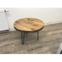 Eiche, runde Tischplatte, verleimt Ø 60cm, Stärke 3 cm mit Fase, mit Hairpin Füßen in schwarz-anthrazit, geölt 